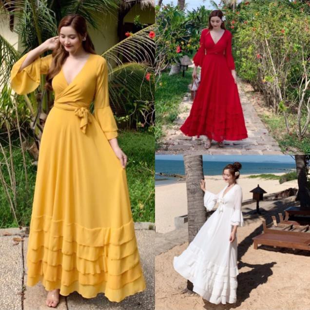 [Hàng sẵn🌼] Váy maxi gatô bèo chân váy cột ngực tay dài xoè chụp ảnh đi biển siêu xinh màu vàng/ đỏ/ trắng new ⚡ *