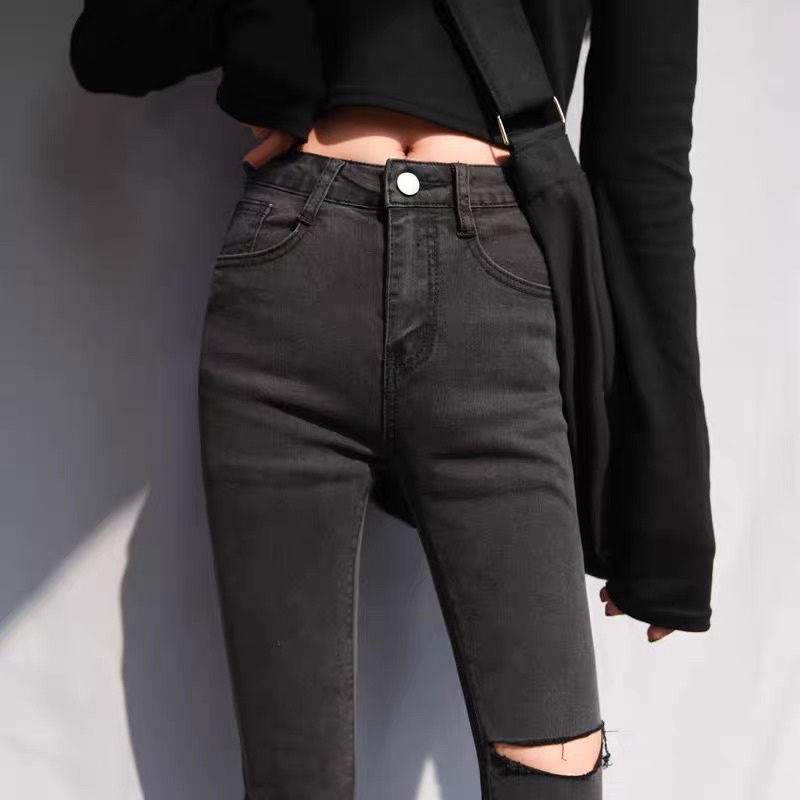 Quần Jean Skinny Ôm Đen Nữ Rách Gối TOPSHOP lưng cao co dãn