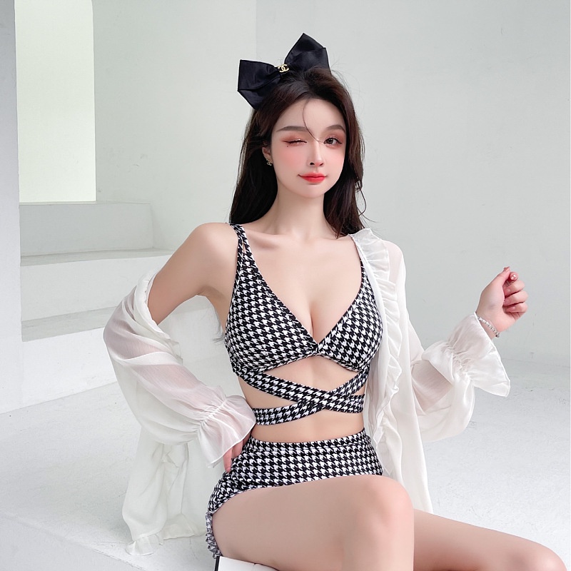 Bikini đi biển liền thân LUHAZO 1 mảnh hở lưng liền thân đồ bơi nữ sexy Hàn Quốc caro đen trắng D10T1