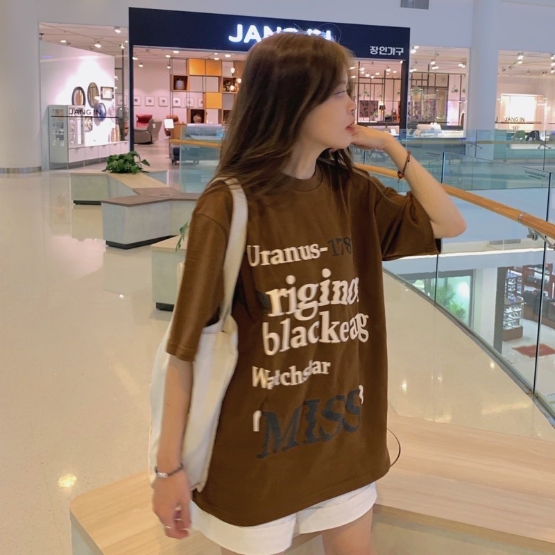 Áo Thun Tay Lỡ Unisex MISS 1781 màu NÂU  /Nam nữ unisex/ Áo phông cổ tròn form rộng