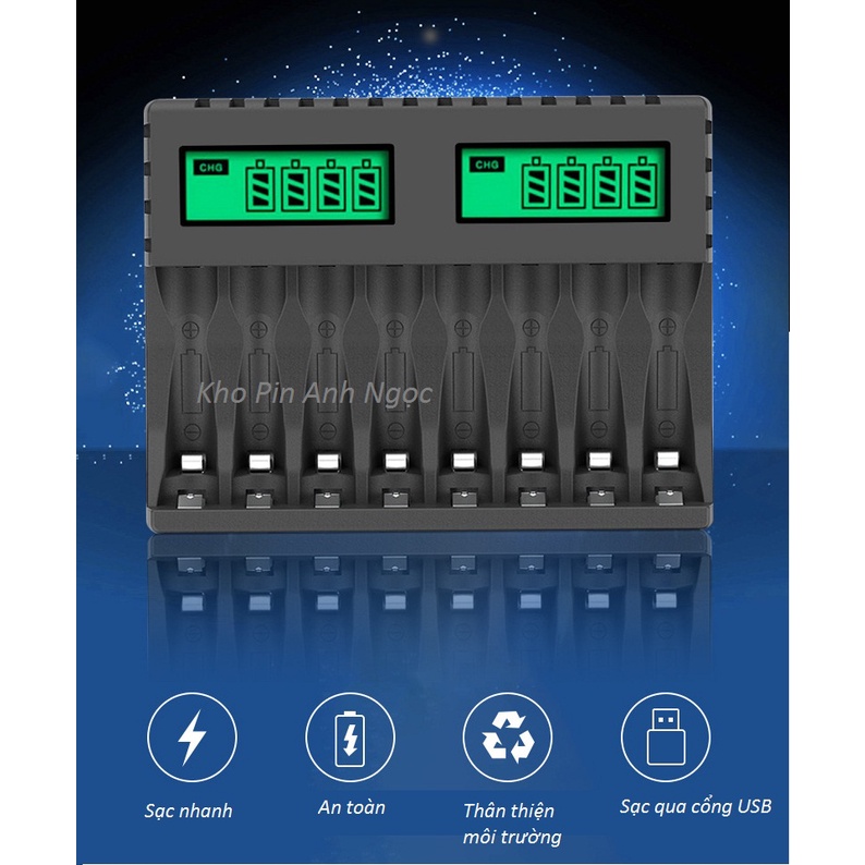 Bộ Sạc Thông Minh Cho Pin AA / AAA 8 Cổng Có Màn Hình LCD Hiển Thị Tiện Dụng
