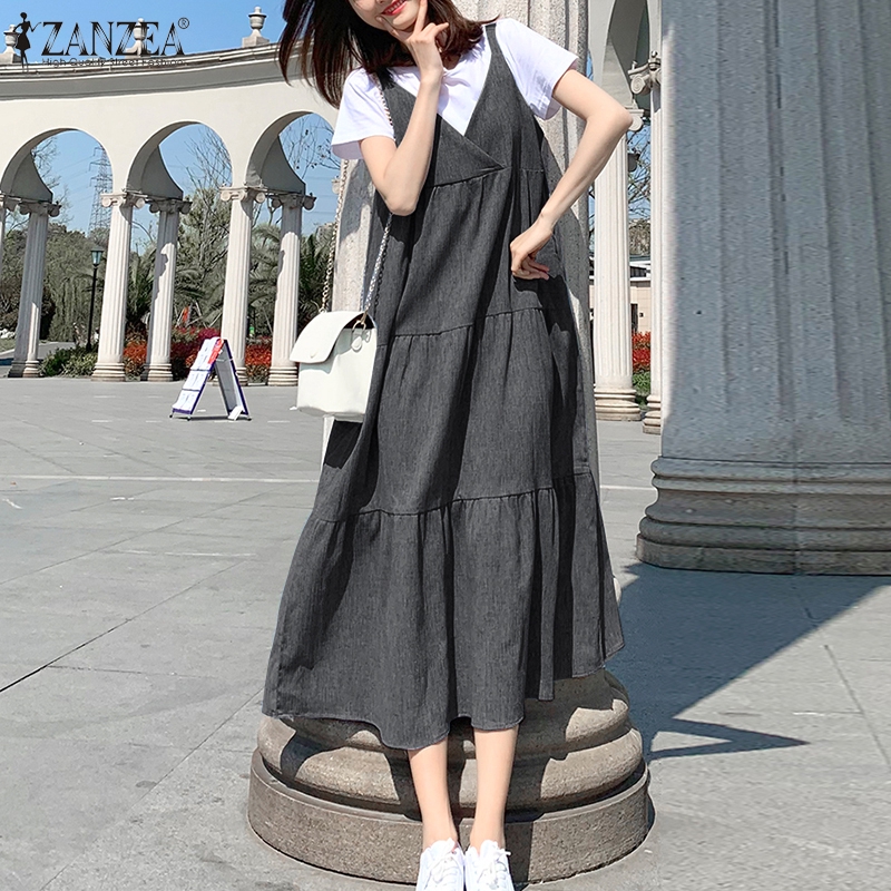 ZANZEA Đầm cổ V không tay phối túi bên thời trang thường ngày cho nữ | BigBuy360 - bigbuy360.vn
