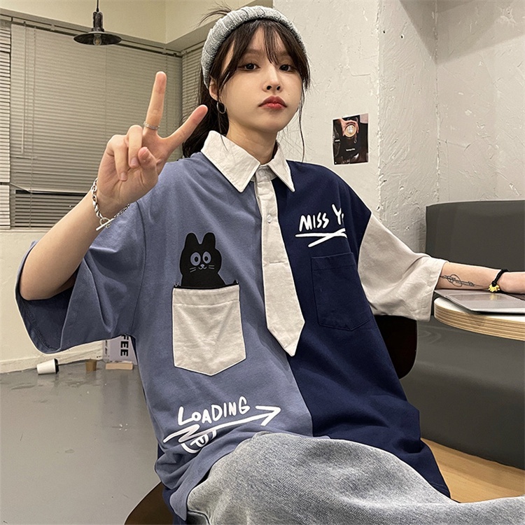 Áo Sơ Mi Cổ Polo Tay Ngắn Dáng Rộng In Họa Tiết Phong Cách Retro Mỹ Cho Nữ