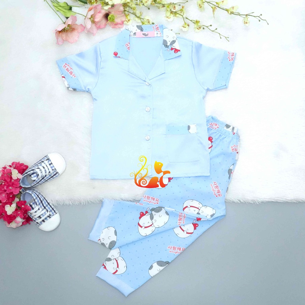 Đồ Pijama Satin "Gấu đôi " Áo Phối Trơn Quần Dài Cho Bé - Từ 12kg - 42kg.