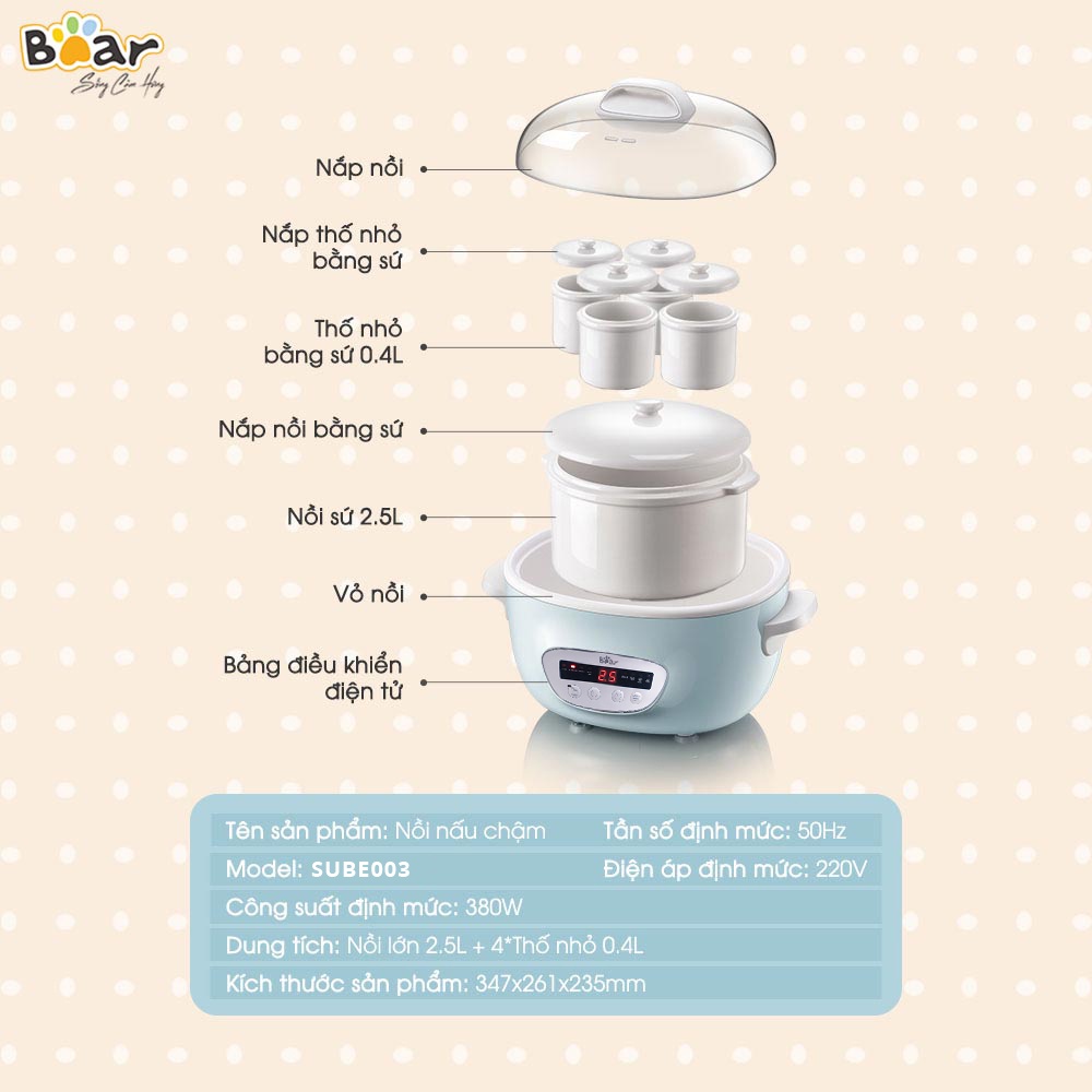 [Bear Chính Hãng] Nồi nấu chậm Bear SUBE003 2.5 Lít  (có lồng hấp) với 8 chức năng và ruột nồi bằng sứ cao cấp