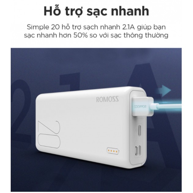 Pin sạc dự phòng Romoss Simple 20 20.000mAh nhỏ gọn 3 cổng input Micro - Lightning - Type C – Hàng chính hãng