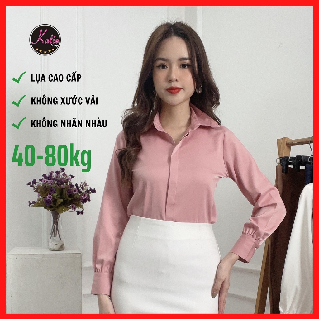 Áo Sơ Mi Nữ Màu Hồng Katie Sơ Mi Tay Dài Chất Áo Lụa Ngọc Trai Cao Cấp Nhiều Màu Sang Trọng Mềm Mịn Không Nhăn Al