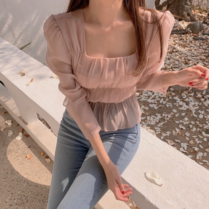 Áo Kiểu Tay Dài Cổ Vuông Chiết Eo Trong Suốt Thời Trang Mùa Thu Xinh Xắn Cho Nữ