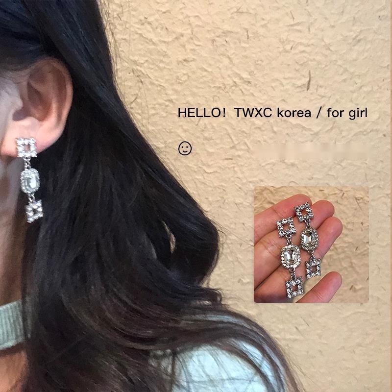 Hoa Tai Dáng Dài Hình Vuông Đính Đá Lấp Lánh Siêu Lấp Lánh