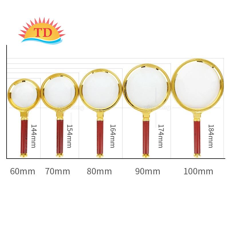Kính Lúp Magnifier Cao cấp, tay cầm giả gỗ gụ tinh xảo mạ vàng, quà tặng cầm tay người già. Size tùy chọn 6,7,8,9,10 cm