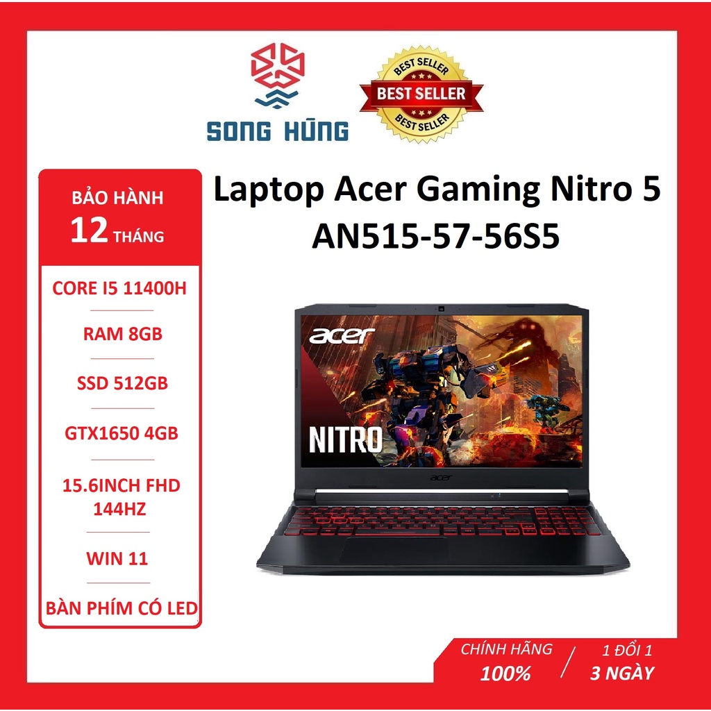 Laptop Acer Gaming Nitro 5 AN515-57-56S5 NH.QEKSV.001 (Core i5-11400H/ 8GB/ 512GB/ GTX™ 1650 4GB/ 15.6 inch FHD/ Win11 )