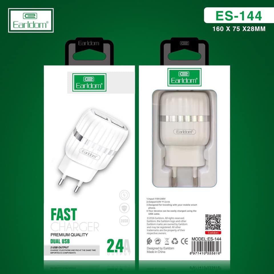Bộ sạc nhanh Earldom ES-144 2 cổng 2.4A Hàng chính hãng Tặng kèm cáp micro USB
