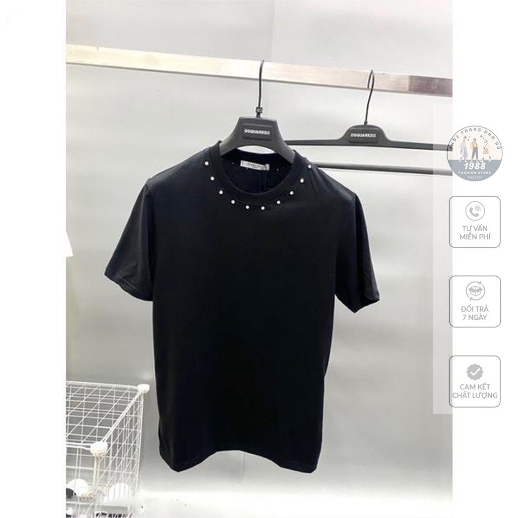 Áo Thun Tay Lỡ Đính Đá Cổ, Áo Phông Nam Nữ Chất Cotton Siêu Đẹp