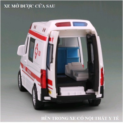 HÀNG LOẠI 1 - Đồ chơi xe cứu thương mini bằng sắt tỉ lệ 1:32 mở cửa có đèn và âm thanh
