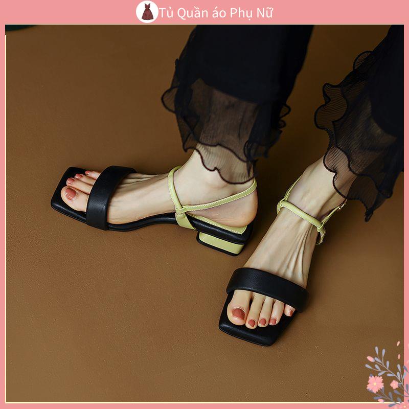 Gi y Cao GCT Phong CAch Th > Tôi Trang Niche Màu Tương Phản!Giày Xăng Đan Da Đế Thấp Mũi Vuông Hở Ngón Phối Dây Cột Thời Trang Hàn Quốc Cá Tính Cho Nữ