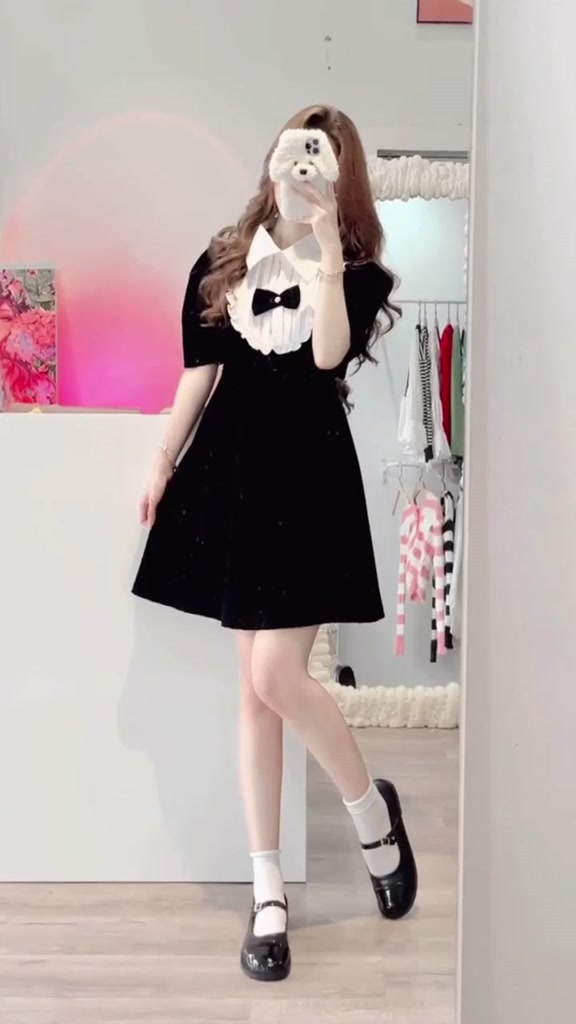 [204] Váy Nhung Cổ Nơ Pha Bèo Trắng Tiểu Thư Siêu Xinh | BigBuy360 - bigbuy360.vn