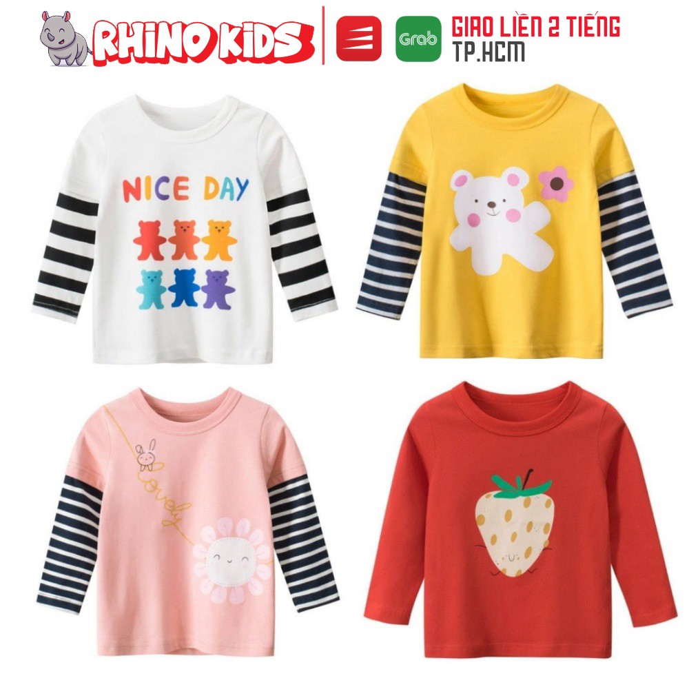 Áo tay dài bé gái  in hình cute tay ghép sọc chất liệu cotton hàng chuẩn xuất chất lượng