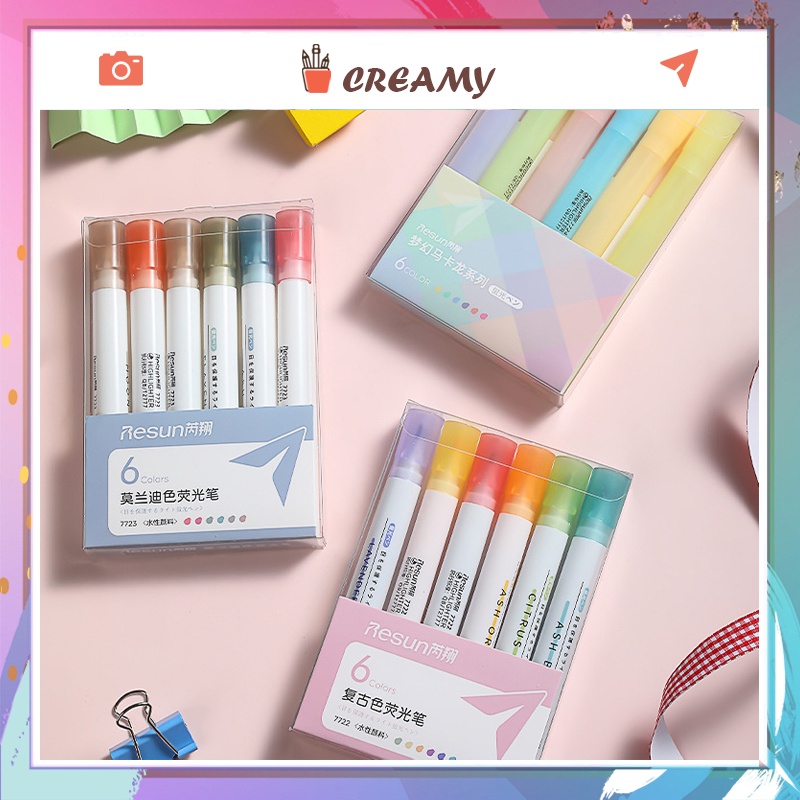 Bút dạ quang 6 màu highlight pastel CREAMY, bút đánh dấu nhớ dòng cute nhiều màu marker dễ thương BHL171