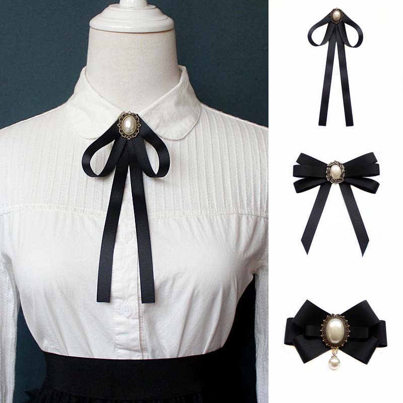 Nơ Cài Cổ Áo Đính Đá Pha Lê Và Ngọc Trai Màu Đen Phong Cách Hàn Quốc Cho Nữ