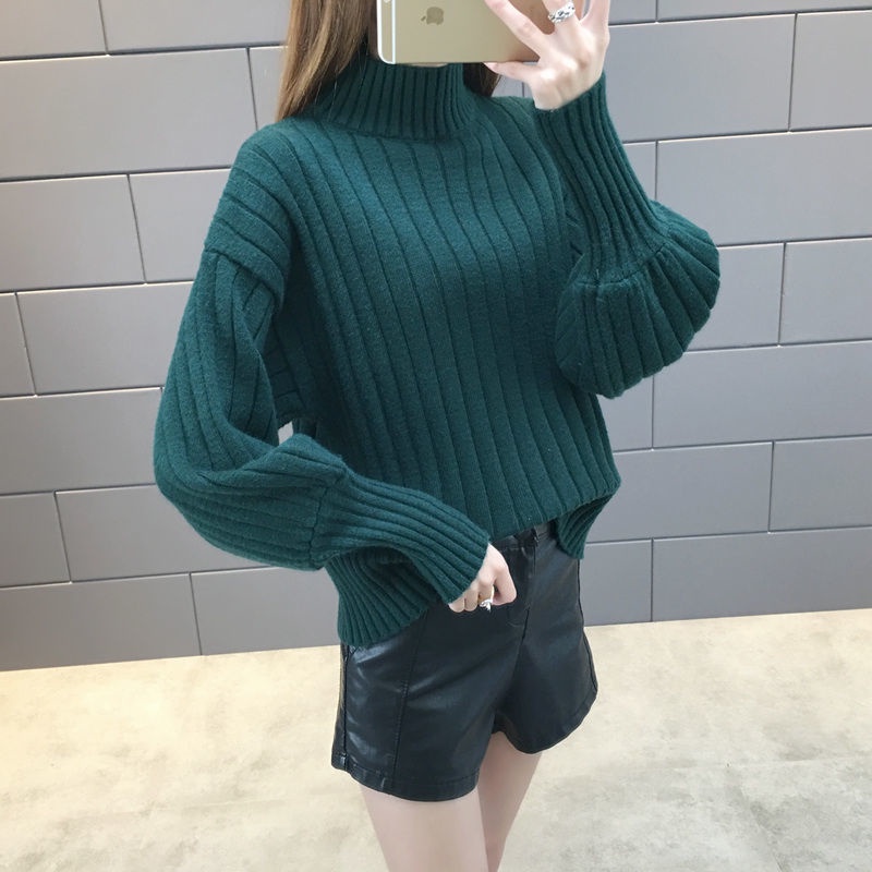 Áo sweater dệt kim cổ lọ tay lồng đèn dáng rộng phong cách Hàn Quốc thời trang thu đông mới cho nữ