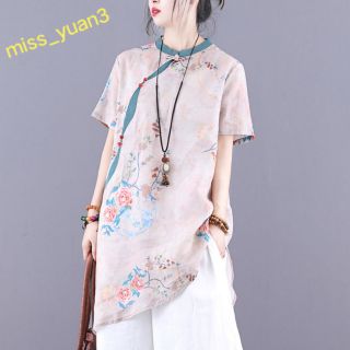 Retro Thời Gian Áo Sơ Mi Cotton Nữ Mùa Hè Khóa Đứng Cổ In Hình Dân Tộc Rời Ôm Hơn Nhìn Áo Sơ Mi Top
