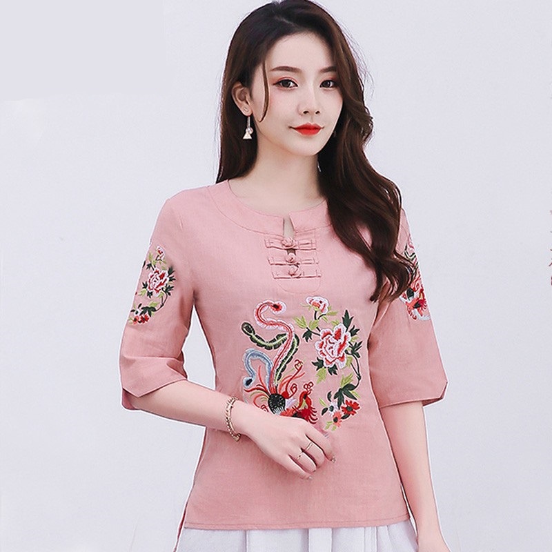 Áo Cotton Thêu Hoa Cài Nút Kiểu Trung Hoa Retro Thời Trang Mùa Hè Sành Điệu 1843 2021