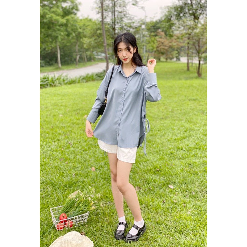 Áo Sơ Mi Voan trơn oversize buộc dây nơ 2 bên( Hàng Quảng Châu) Lustore | BigBuy360 - bigbuy360.vn