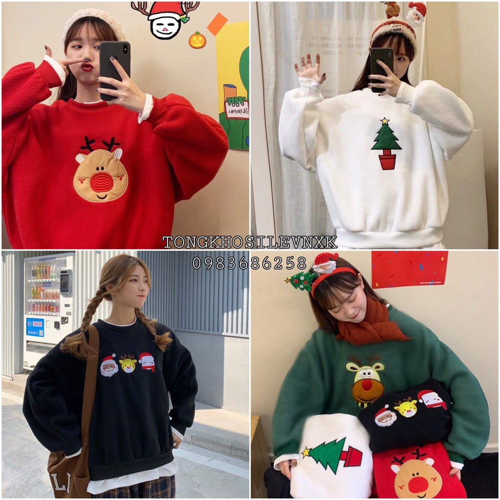 ÁO NOEL NỈ THỤNG PHỐI VẠT CỰC XINH - ÁO SWEATER GIÁNG SINH Tuần Lộc Cây Thông Người Tuyết Đỏ Xanh Trắng Đen