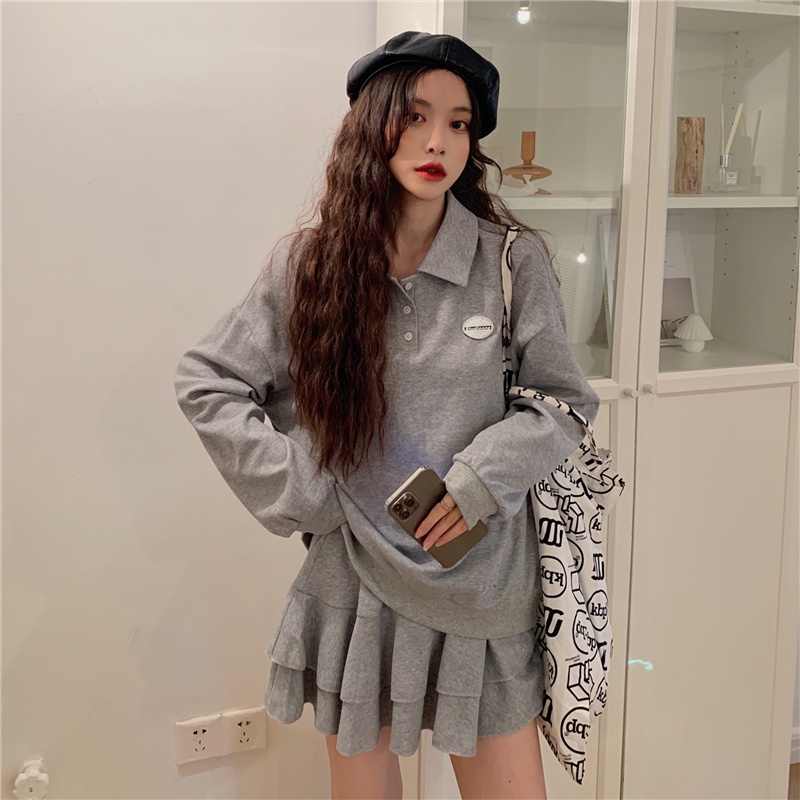 COZOK Set áo Sweater tay dài dáng rộng + chân váy lưng cao thời trang