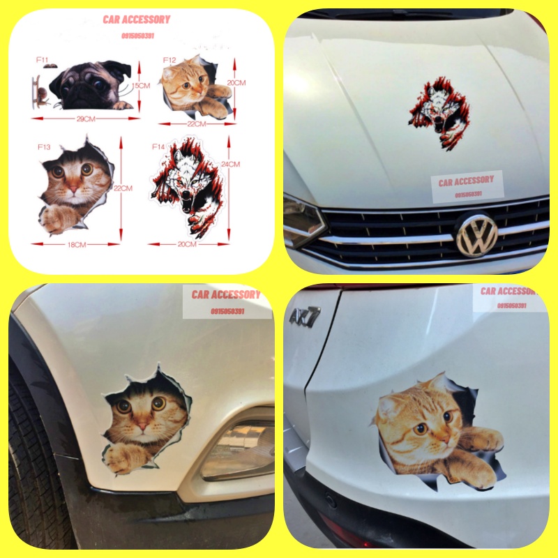 Miếng dán 3D ba chiều pug dán xe vui nhộn mèo con dễ thương đầu sói nhãn dán xe sáng tạo che viết xước tạo cá tính