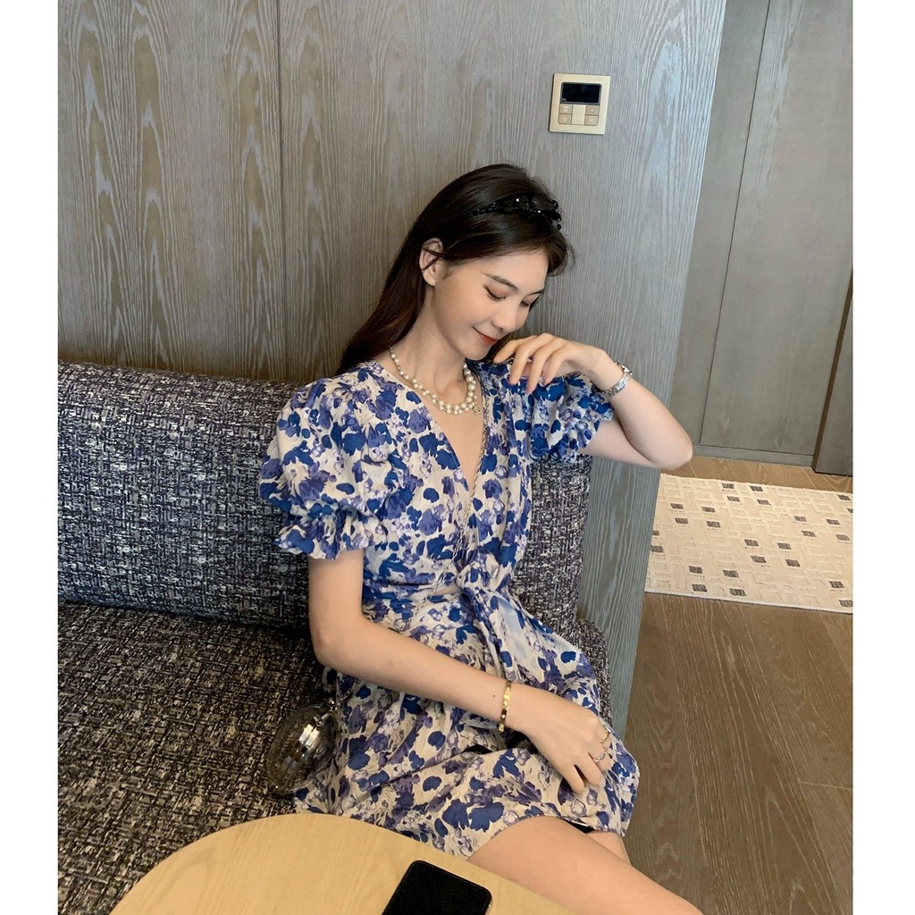 Đầm Hoa Cổ Chữ V Thiết Kế Mới Xinh Xắn Thời Trang Mùa Hè Theo Phong Cách Pháp Cho Nữ