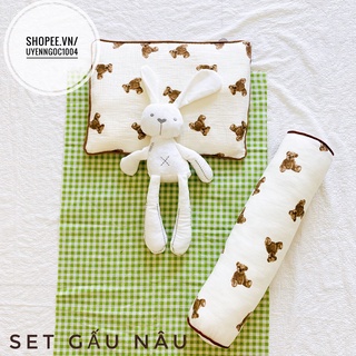Set gối đầu + gối ôm sơ sinh họa tiết gấu nâu chất liệu xô muslin cao cấp