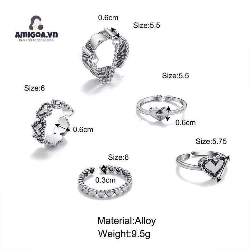 ✨✨Bộ 5 Nhẫn Hở Họa Tiết Trái Tim Đơn Giản Sáng Tạo Phong Cách Cổ Điển