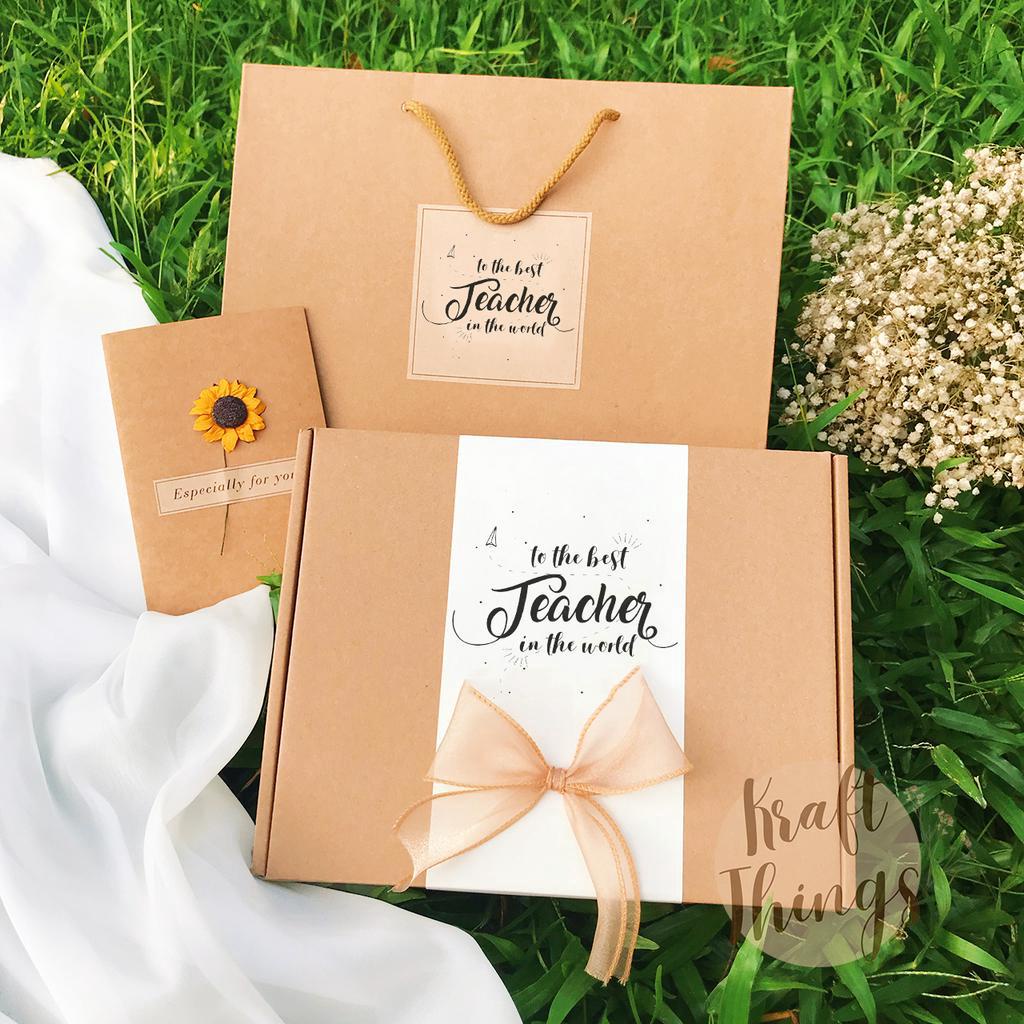 COMBO Hộp quà + túi + thiệp + rơm vintage nhiều chủ đề cỡ nhỏ 20x15x6cm CB2 Kraft Things