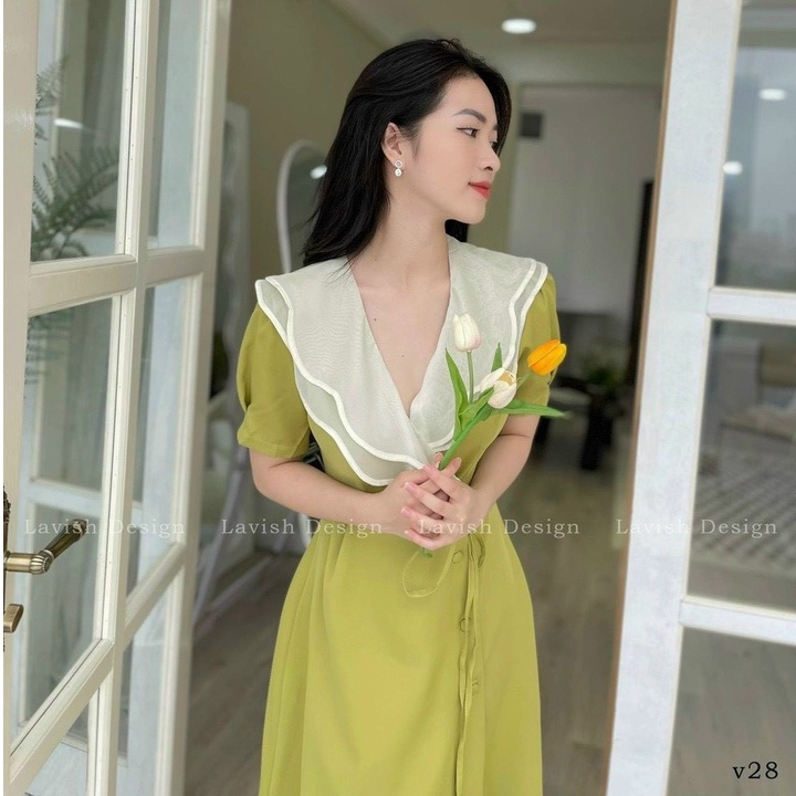 Váy đầm dáng suông phối voan tơ cài nút bọc xẻ tà dáng tiểu thư phong cách thời trang nữ thiết kế sang trọng