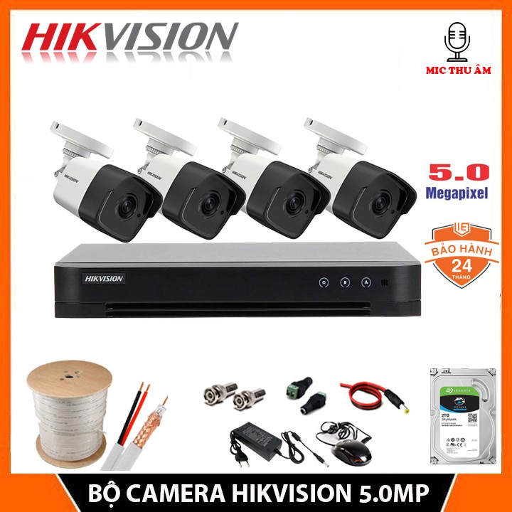 Bộ Camera Giám sát HIKVISION 5.0MP CÓ MIC, Kèm HDD 500GB/1T/2TB+đầy dủ phụ kiện tự lắp đặt-Bảo hành 24 Tháng