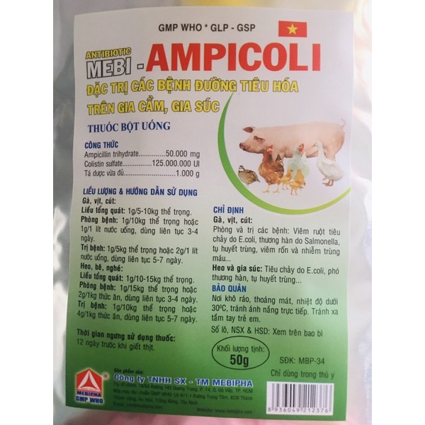 1 gói Ampicoli trị bệnh đường tiêu hoá trên gia súc, gia cầm