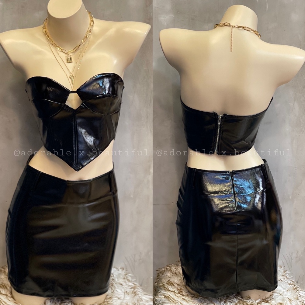 Set Áo Và Chân Váy Da Đen PU Phong Cách Sexy Quyến Rũ Dành Cho Nữ
