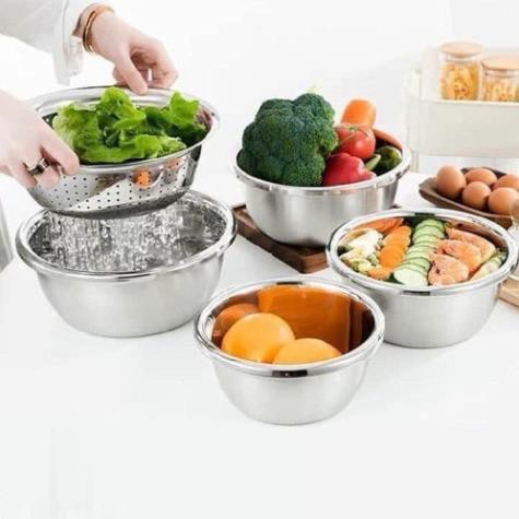 Bộ 5 Thau Rổ Inox Rửa Rau Củ Quả, Thau Trộn Salad Dày Dặn Siêu Tiện Dụng Cho Nhà Bếp - BX