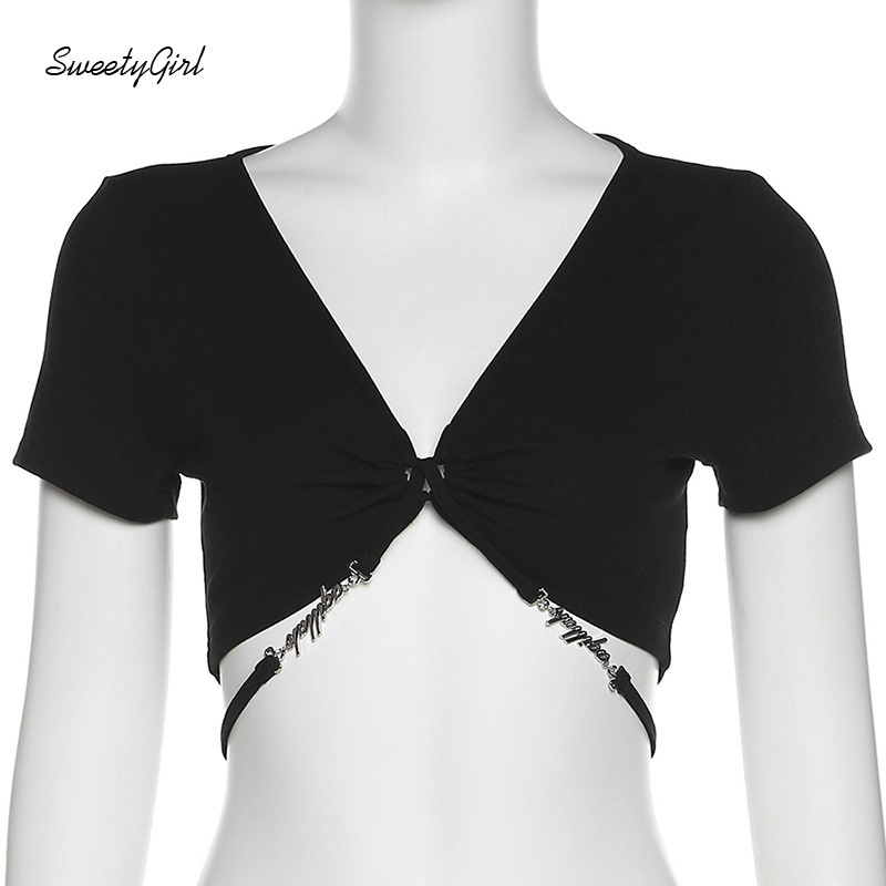 Áo Croptop Tay Ngắn Cổ Chữ V Màu Trơn Dáng Ôm Thời Trang Quyến Rũ Cho Nữ