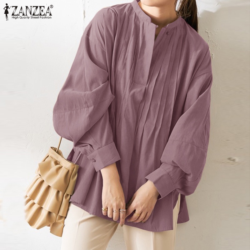 Áo kiểu ZANZEA tay dài phồng cổ tròn cài nút dáng rộng phong cách vintage thời trang dành cho nữ