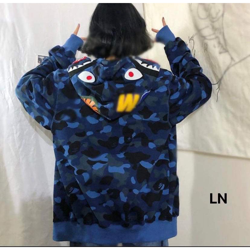 Áo Khoác NAM NỮ In Hình Cá Mập Áo Hoodie Khóa Kéo Nỉ Mũ 2 Lớp Dày Dặn Nam NữThời Trang 2022