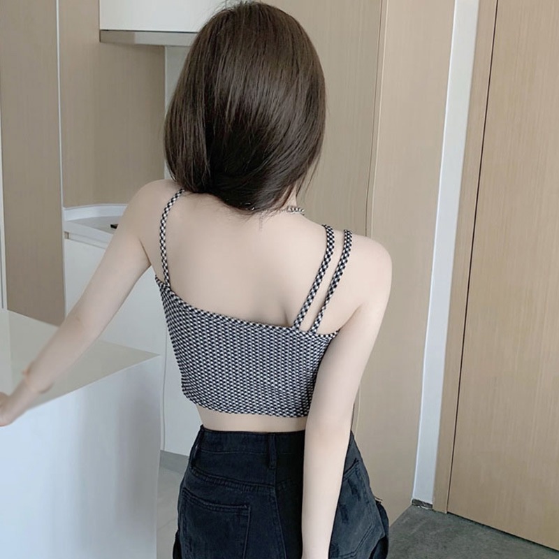 Áo Croptop Dệt Kim Hai Dây Hở Lưng Họa Tiết Sọc Caro Thiết Kế Không Đồng Đều Quyến Rũ Thời Trang Cho Nữ