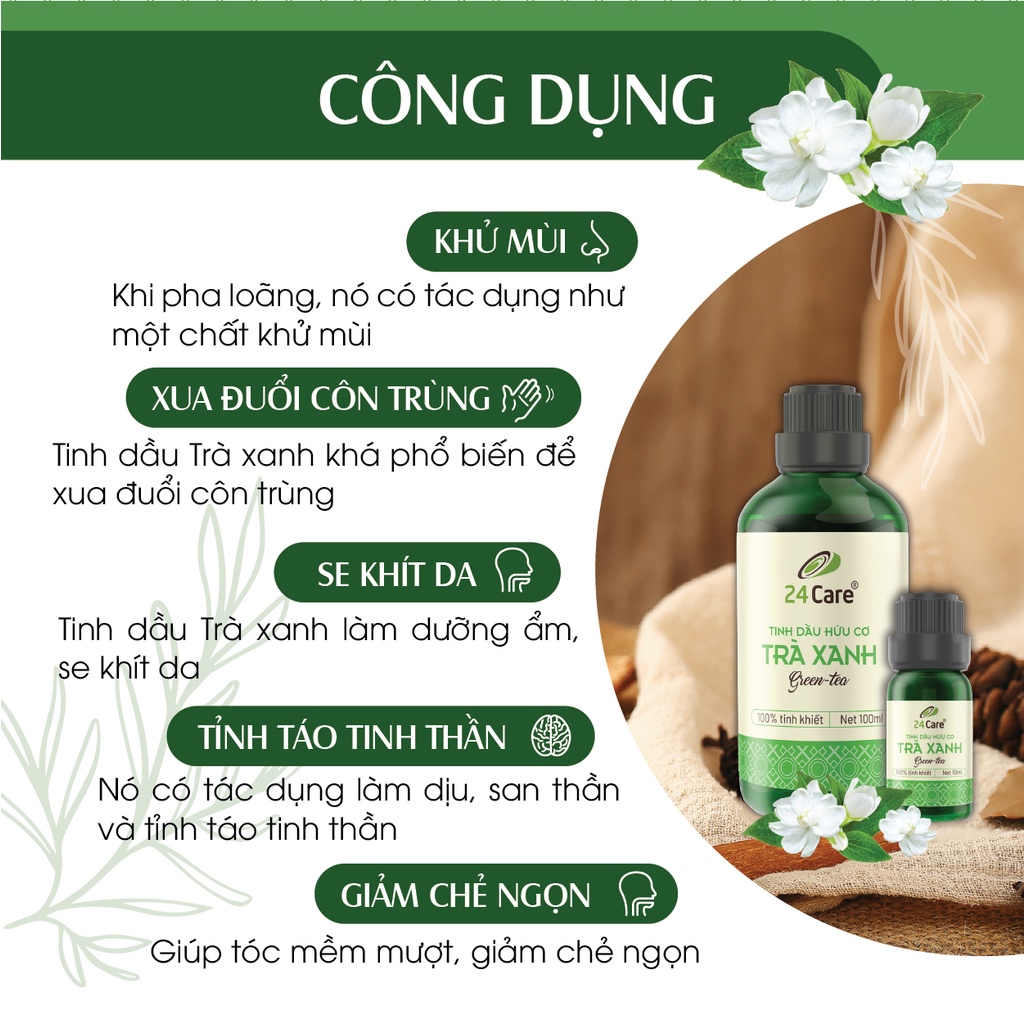 Tinh dầu 24Care Trà xanh 10ml - Xông Phòng, Khử Mùi, Đuổi Muỗi
