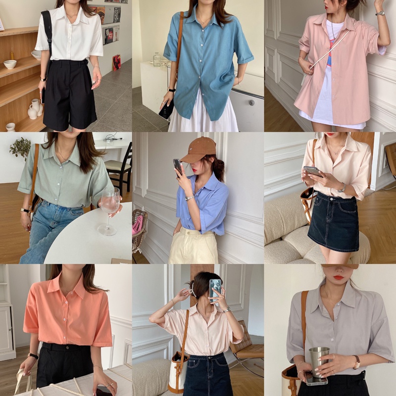 Áo Sơ Mi Tay Ngắn Dáng Rộng Màu Trơn Phong Cách Retro Cho Nữ