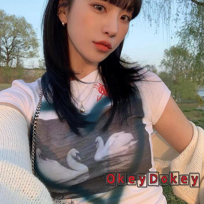 Áo Croptop Ngắn Tay Cổ Tròn Hở Rốn In Họa Tiết Thiên Nga Trái Tim Thời Trang Cho Nữ