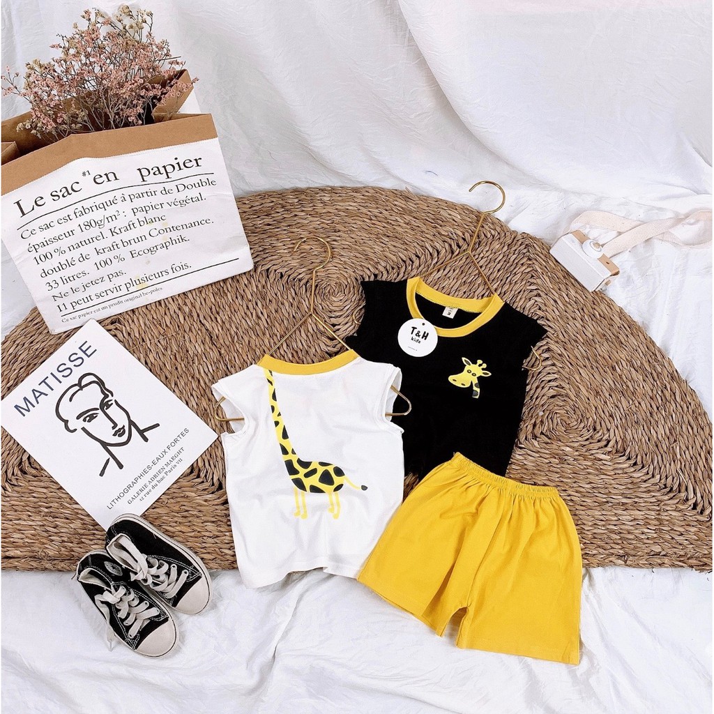 Đồ bộ bé trai, bộ sát nách hình con hươu cao cổ coton mềm mịn xinh cho bé 1-5 tuổi