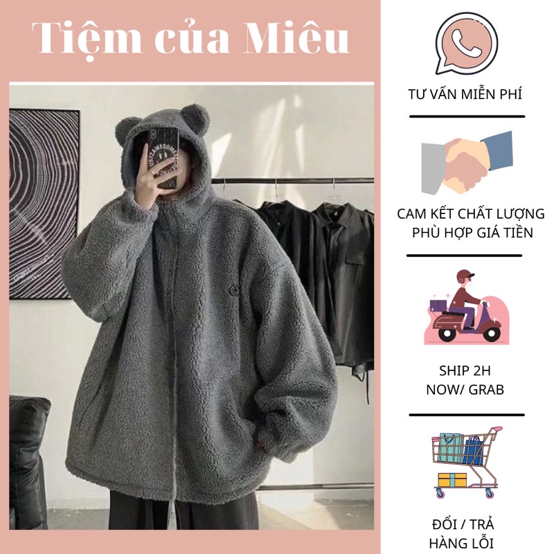 Áo khoác hoodie lông cừu tai gấu màu xám ghi lông chuột Tiệm của Miêu