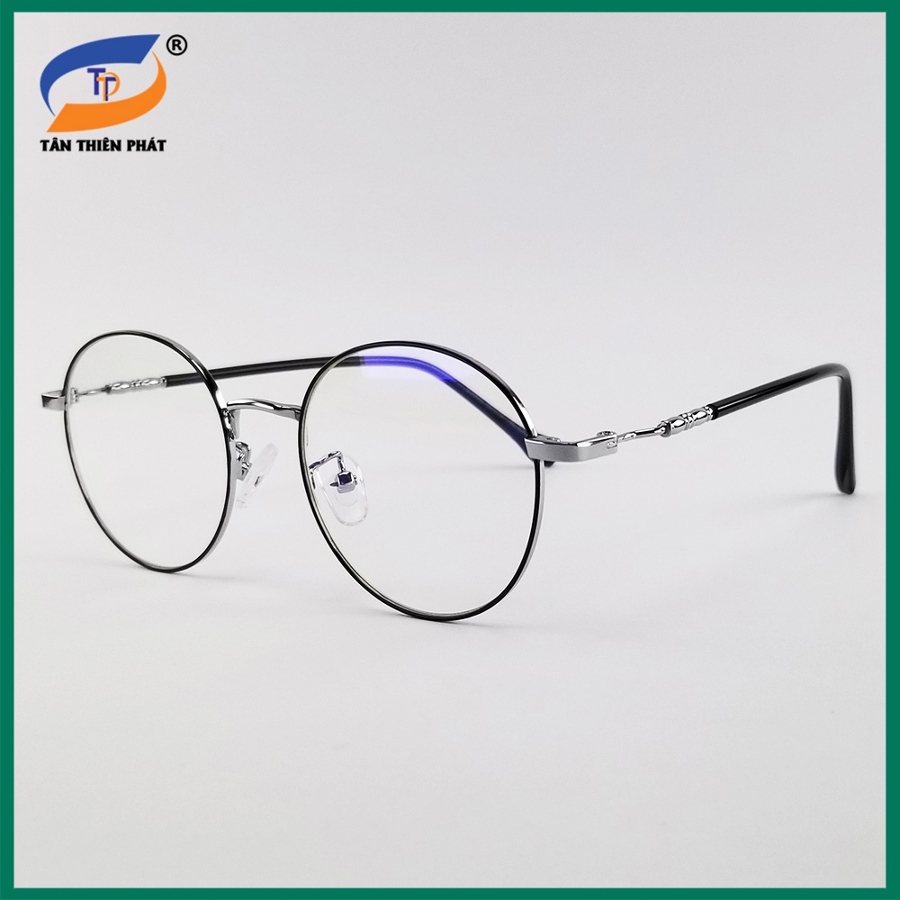 Gọng kính nam nữ kim loại mắt tròn màu đen, bạc 2999. Tròng giả cận 0 độ chống ánh sáng xanh, tia UV