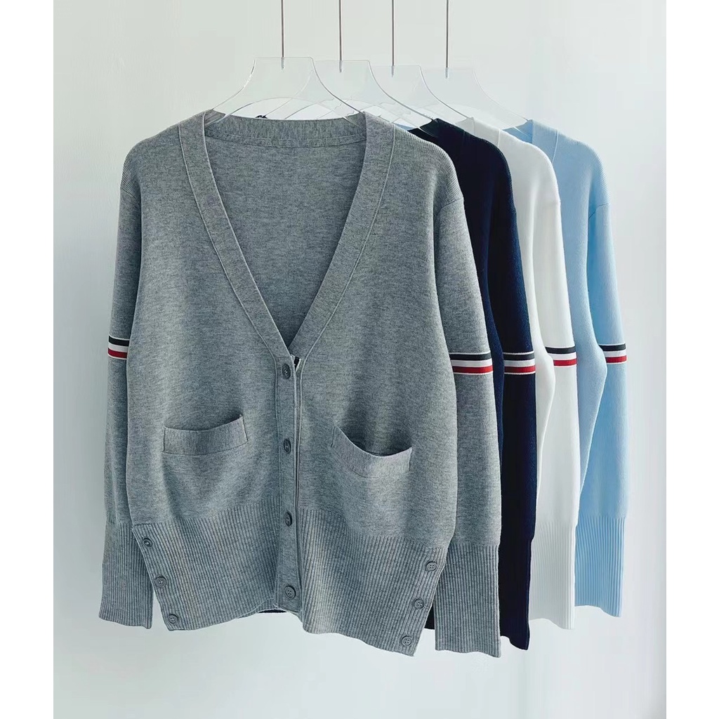 Áo khoác len cardigan dài tay phối túi nữ thời trang cao cấp Thom Browne phong cách trẻ trung